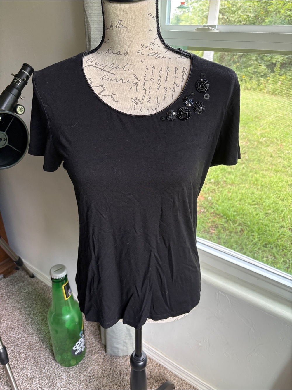 Vintage George Black Short-Sleeve Top with Beaded Floral Accent